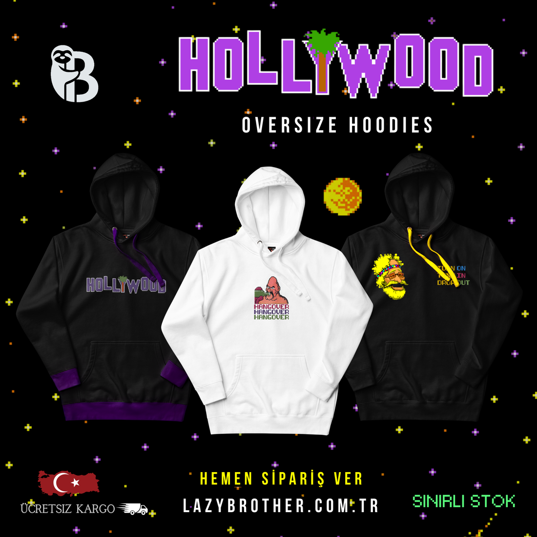 Üç İplikli Yumuşak Kumaştan Oversize Kapüşonlu Sweatshirt Serisi: Hollywood 🌴