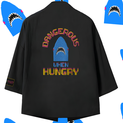 Nakışlı Siyah Unisex Oversize Kimono Ceket "Hungry Shark"