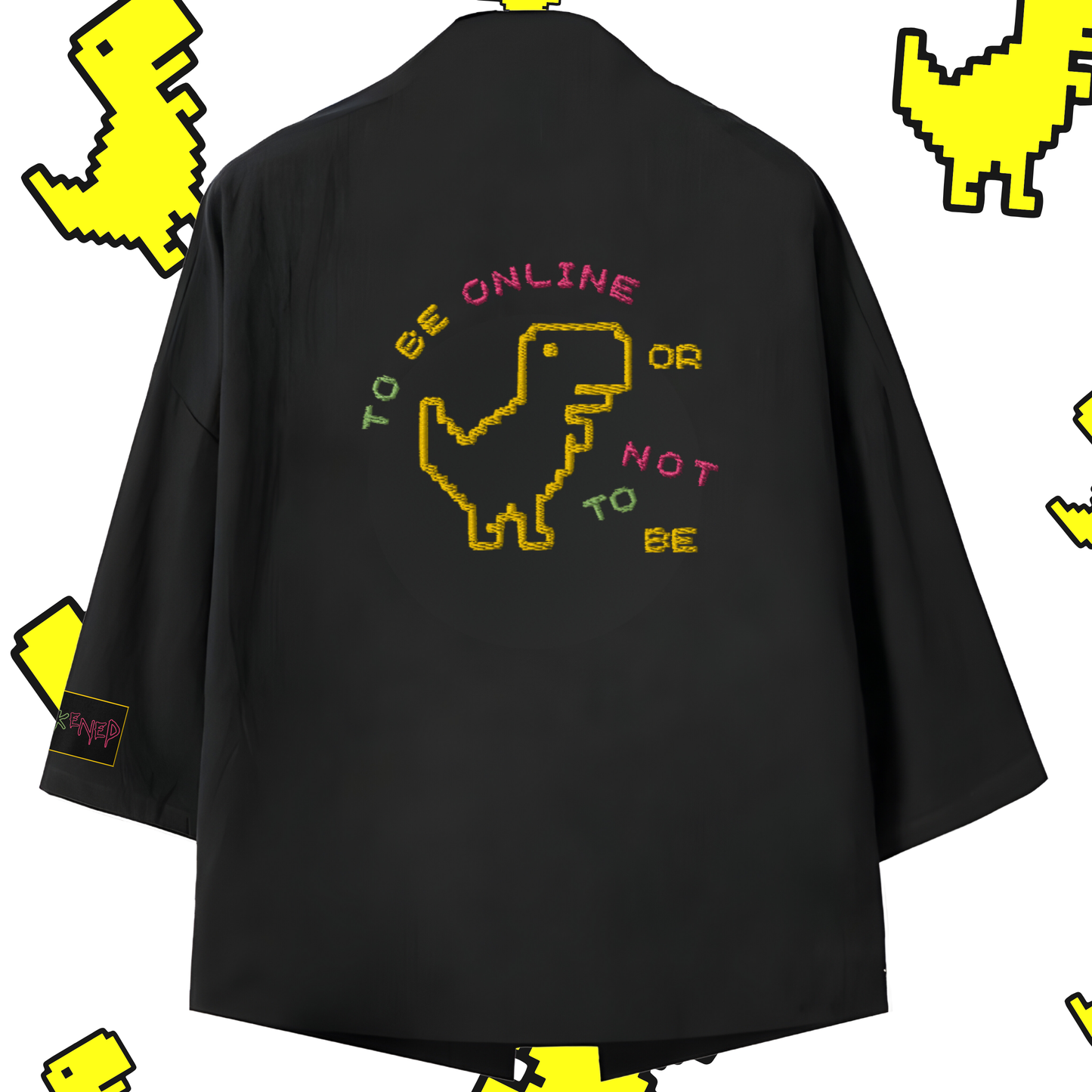 Nakışlı Siyah Unisex Oversize Kimono Ceket "Offline Dinosaur"